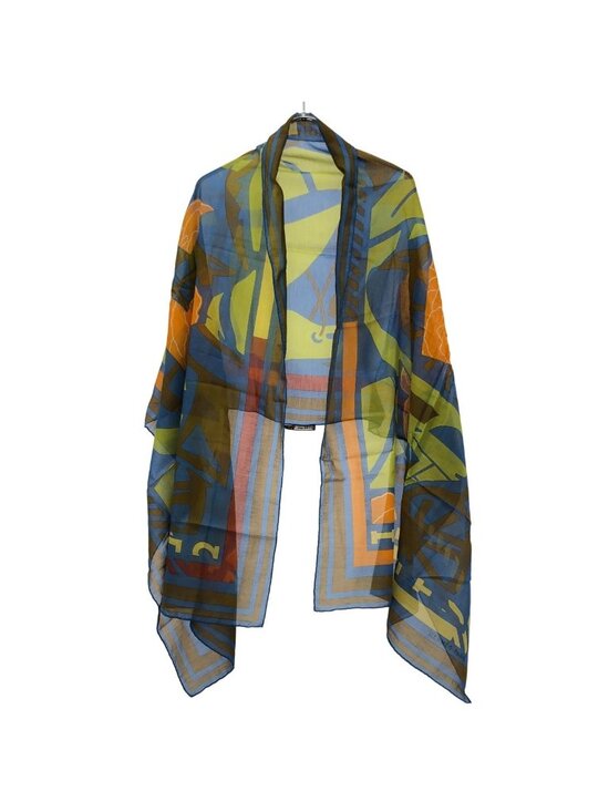 Hermes Accessories - Hermes Puzzle Rectangle Cotton Silk Shawl Blue Scarf